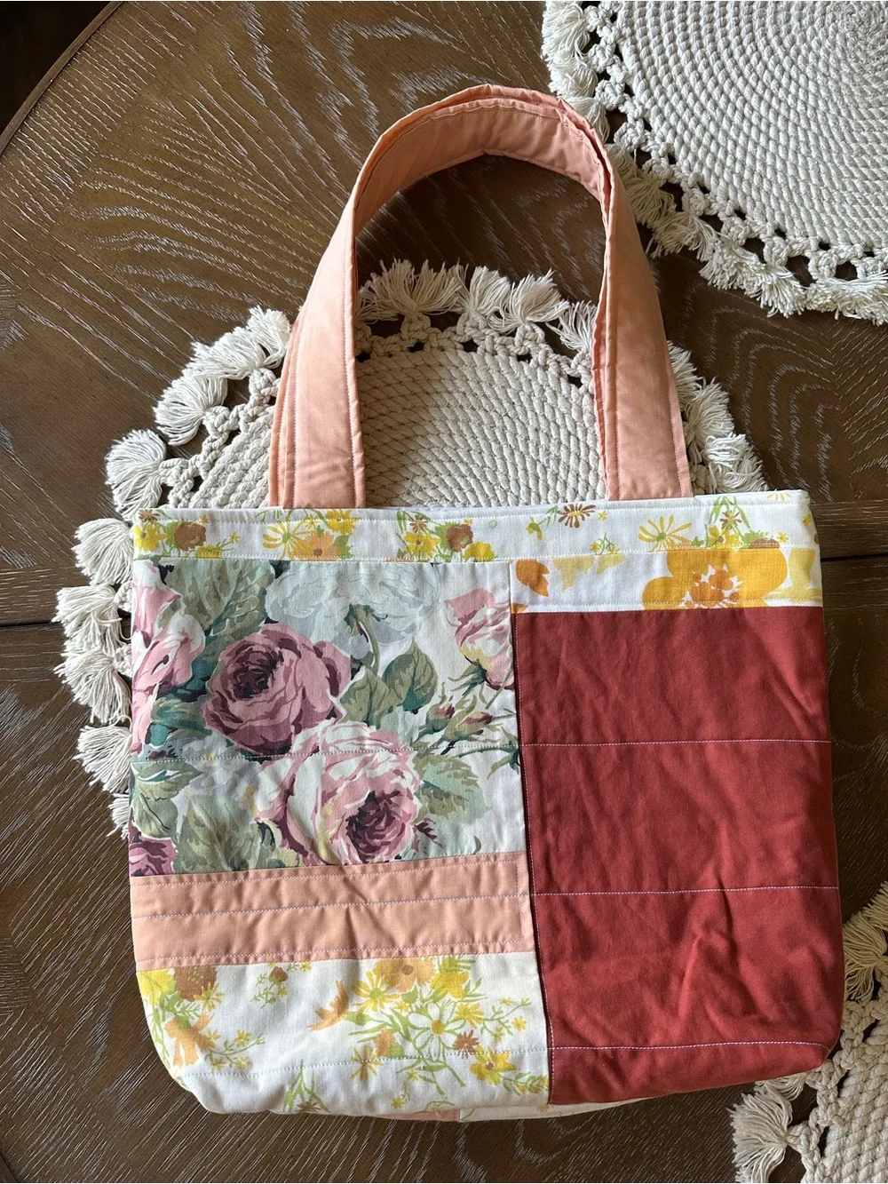 Floral Patchwork Tote Bag in Pink and Rust